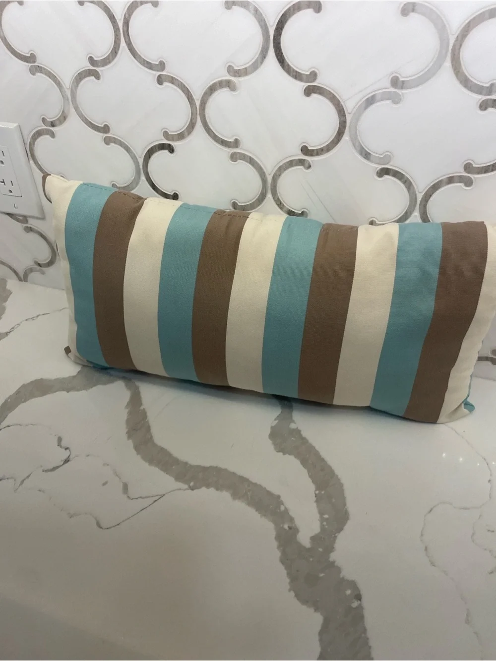 Striped Lumbar Throw Pillow in Blue, Cream & Brown